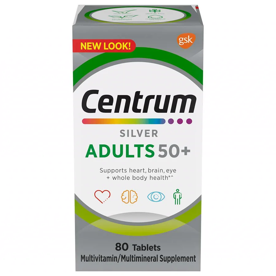 Centrum Silver Adults 50+ multivitamin box, 80 tablets, multivitamin/multimineral supplement