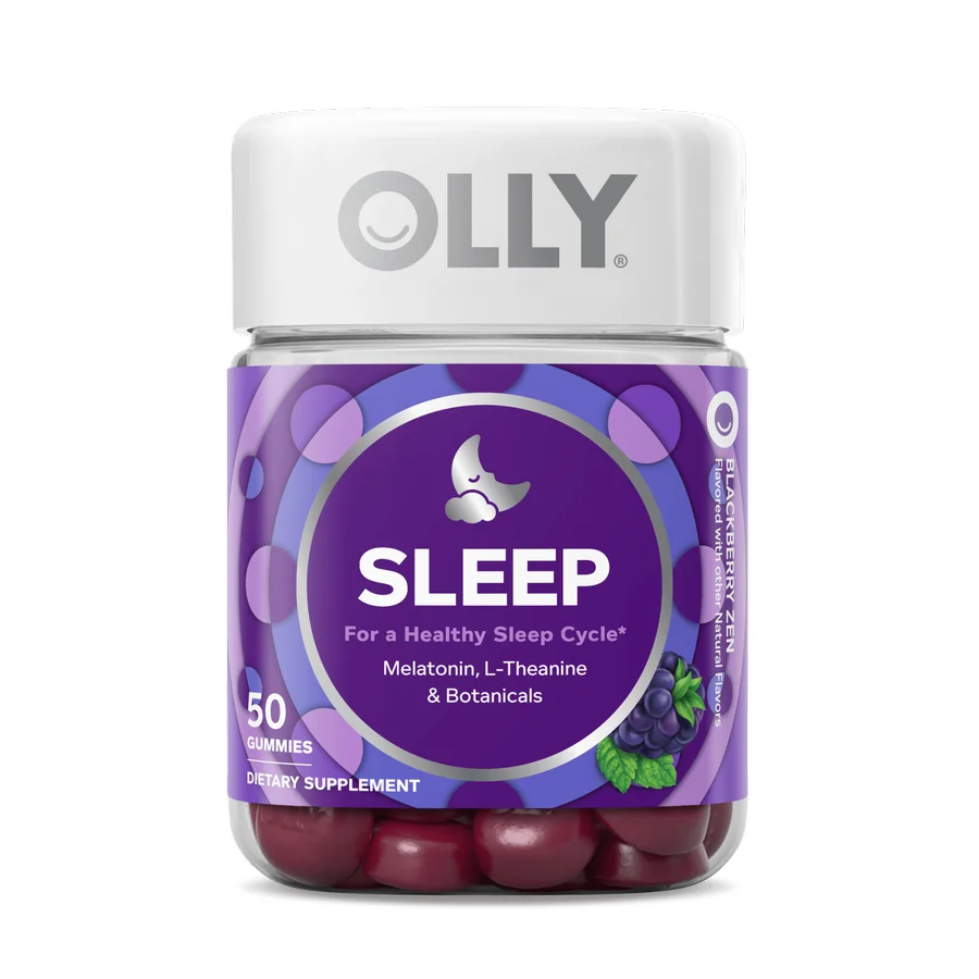 OLLY Sleep Blackberry Zen gummy bottle, showing 3 mg melatonin and L-theanine on the label