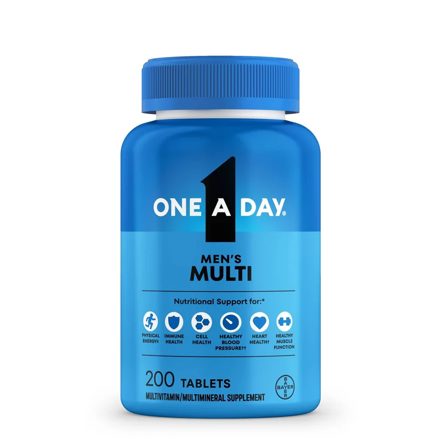 One A Day Men's Health Formula multivitamin bottle, 200 tablets, showing Bayer branding on the label